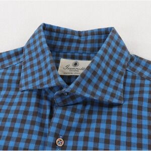 Giannetto Portofino Shirt Mens Medium Blue Gingham Twill Button Up Long Sleeve